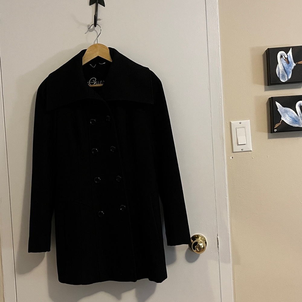 GUESS black, mostly wool/ polyester/ rayon double-breasted peacoat. NWT.
